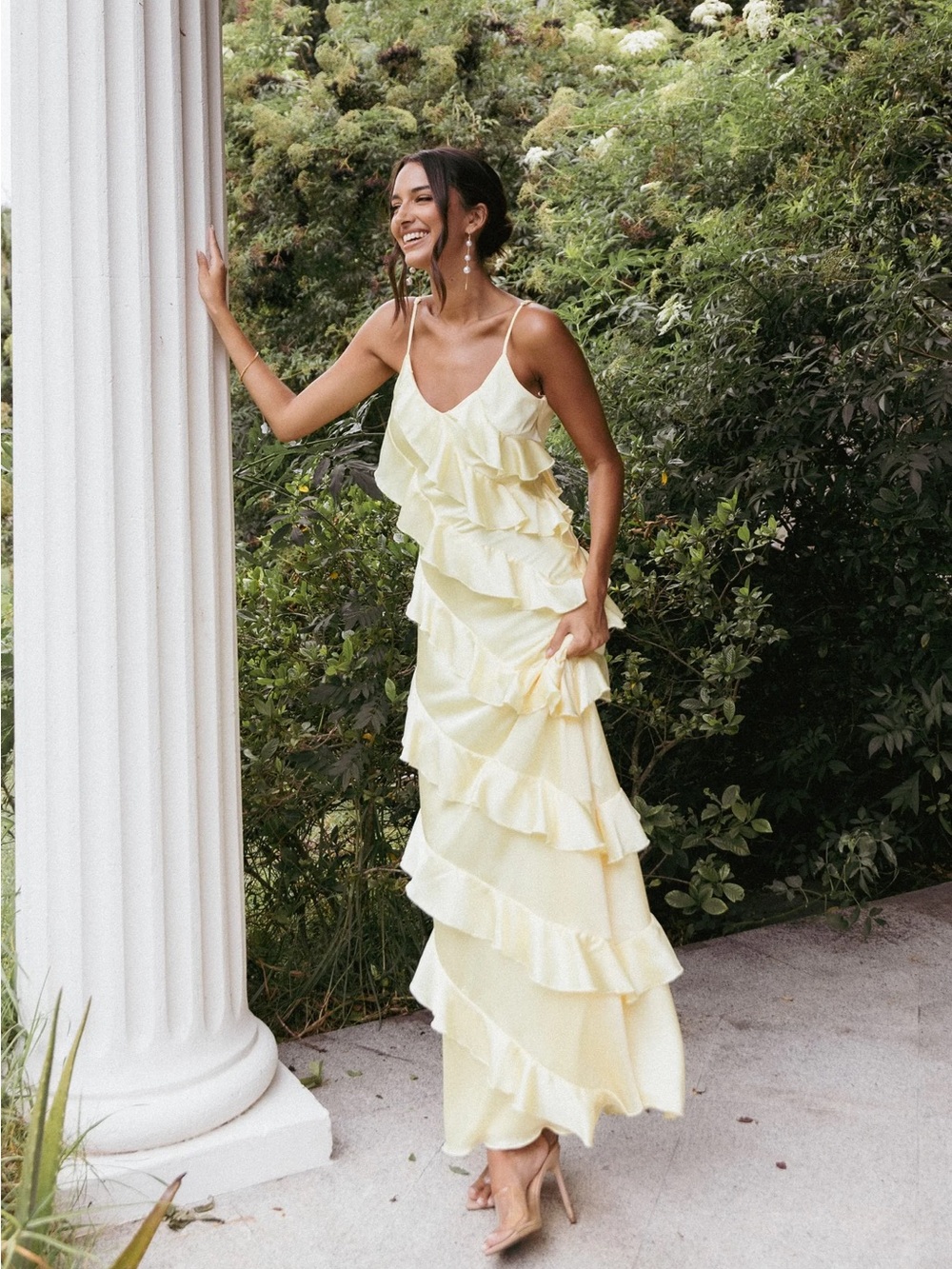 NWT Petal & Pup Ciao Ruffles Maxi Satin Dress in pale yellow